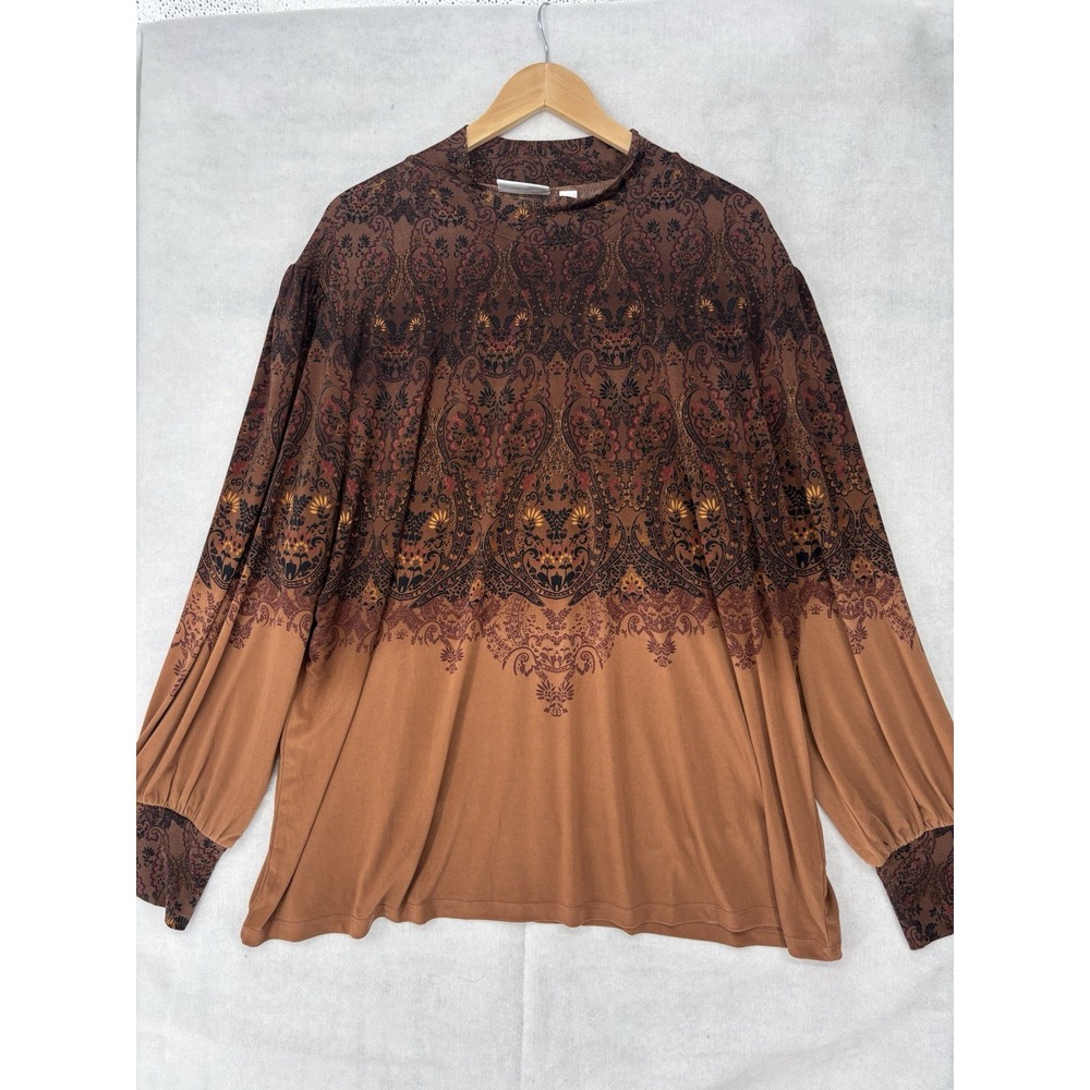 Susan Graver Printed Liquid Knit Mock Neck Top 3X Blouson Sleeves Boho Ethnic